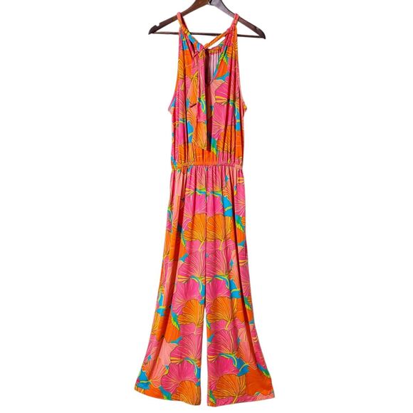 Trina Turk Juju Ginko Printed Jumpsuit Size L Pink Orange Flared Womens - Picture 5 of 11